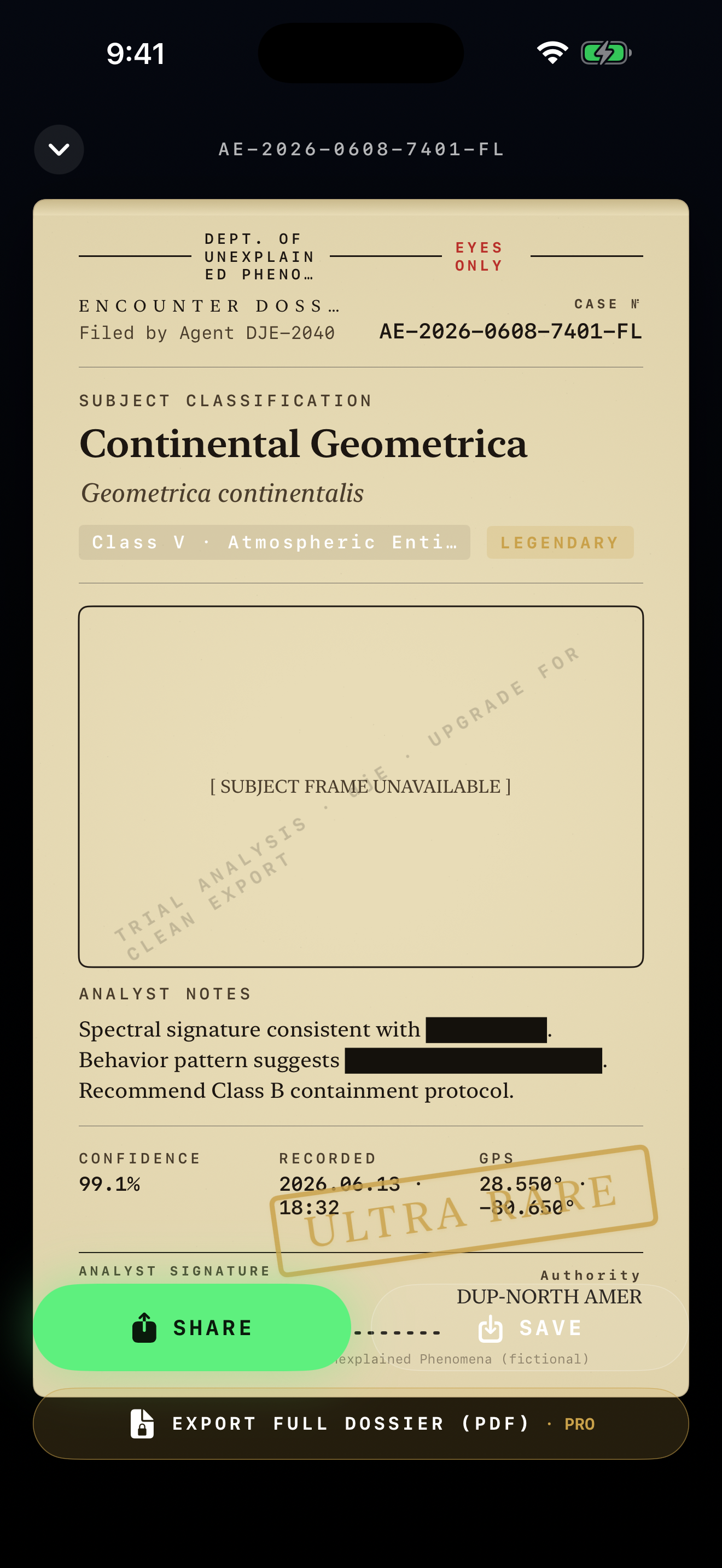 A shareable Alien Encounter Certificate from Alien Disclosure