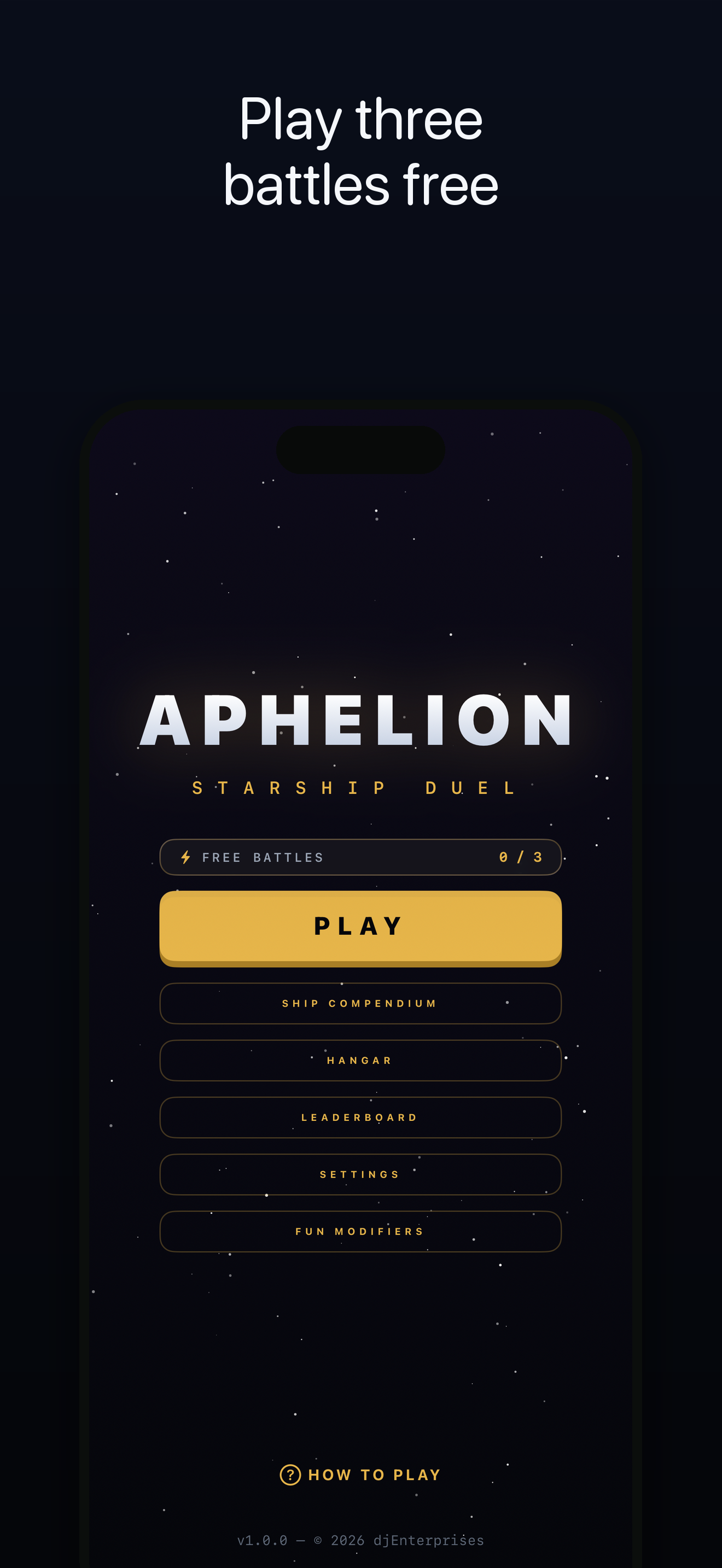 Aphelion — the main menu, three free battles