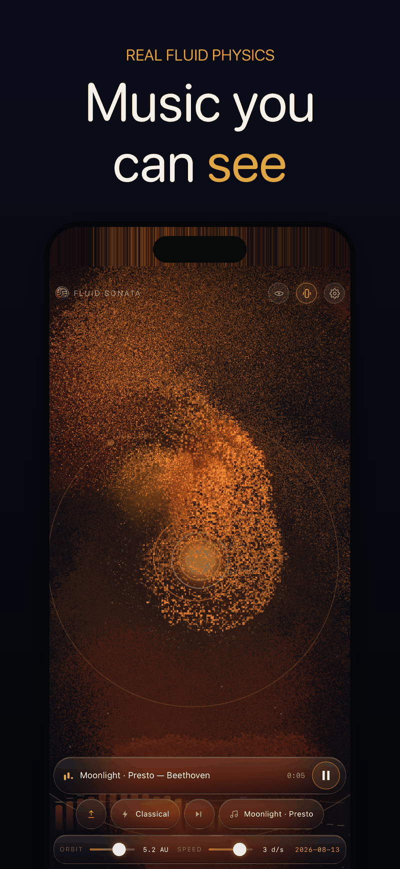 Fluid Sonata — Beethoven's Moonlight Presto painting an ember-coloured fluid over the solar system