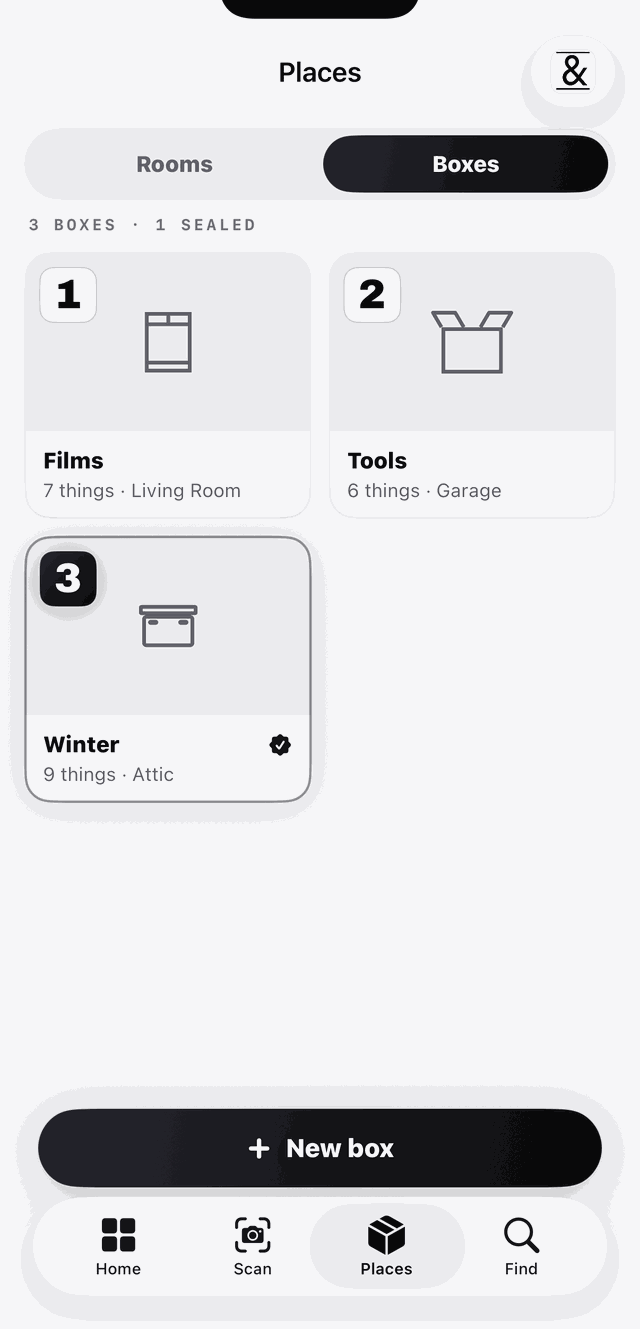 Numbered boxes: Films in the Living Room, Tools in the Garage, Winter sealed in the Attic