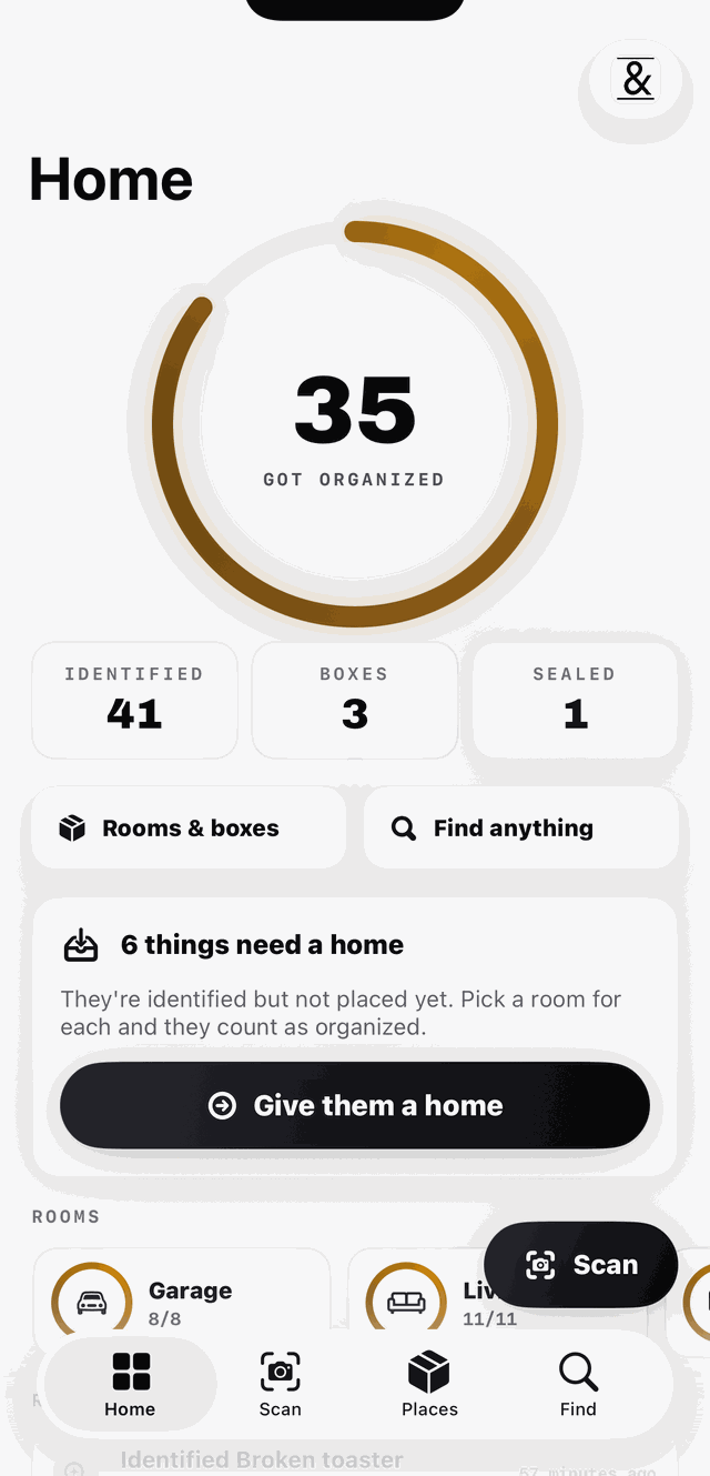 Home screen showing 35 of 41 items got organized, with boxes and sealed counts