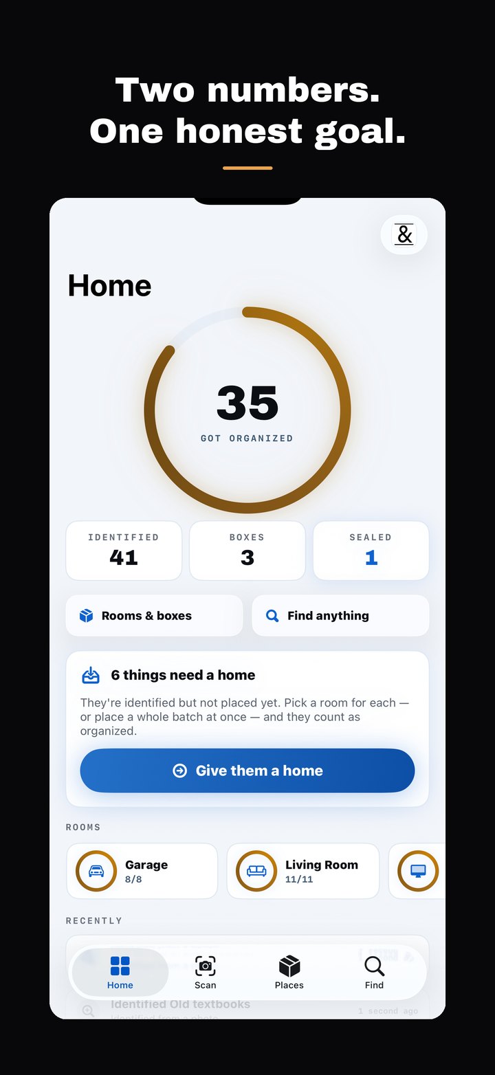 “Two numbers. One honest goal.” — Home shows 35 of 41 things got organized, 3 boxes, 1 sealed