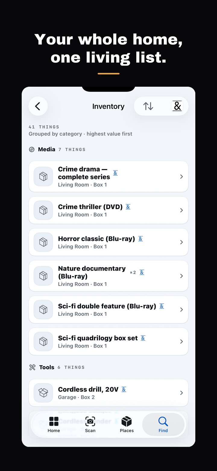 “Your whole home, one living list.” — the inventory browser, 41 things grouped by category