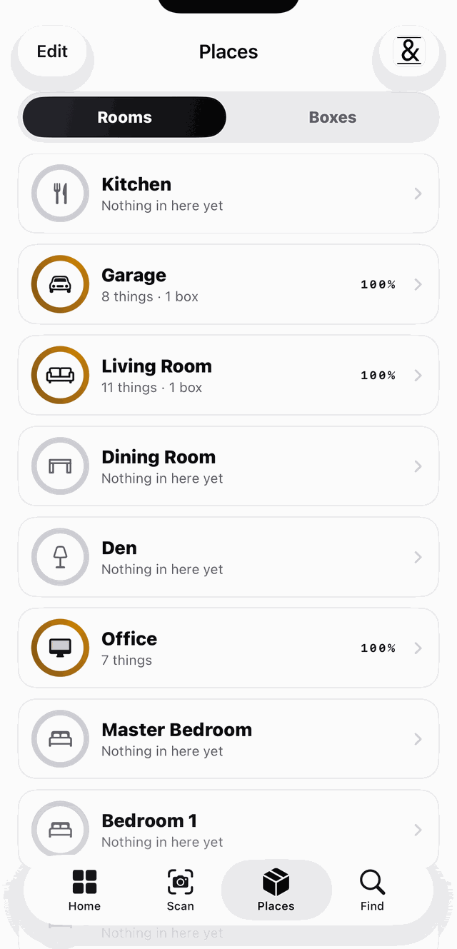 Rooms list with per-room progress rings