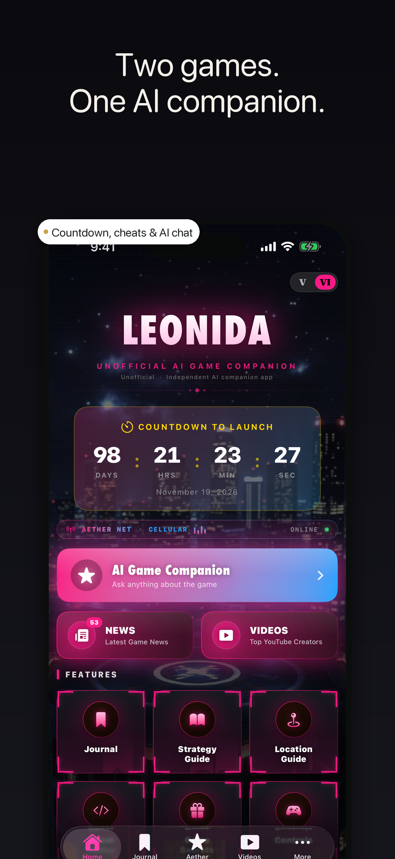 Leonida — home screen with GTA VI countdown