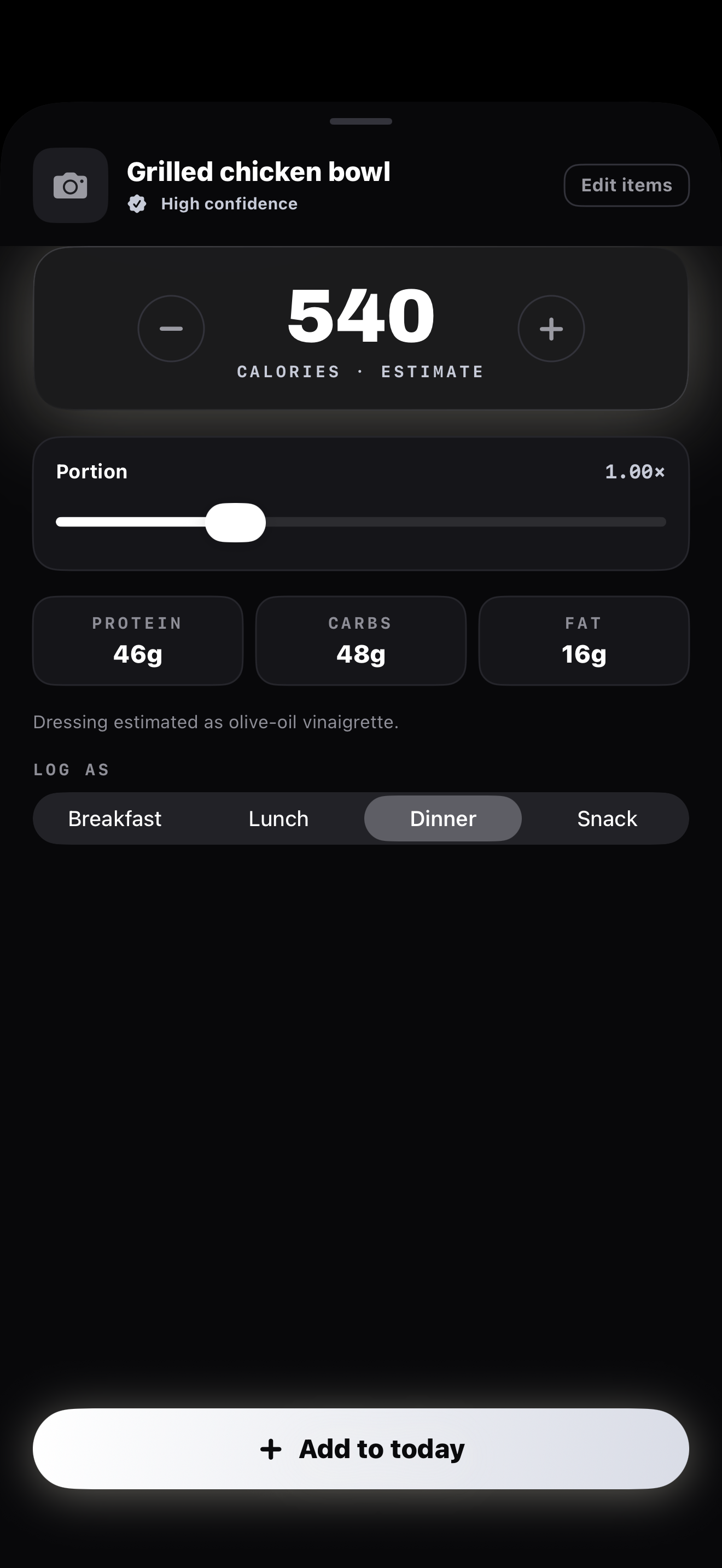 I Want To & I Will — scan a meal, calorie estimate