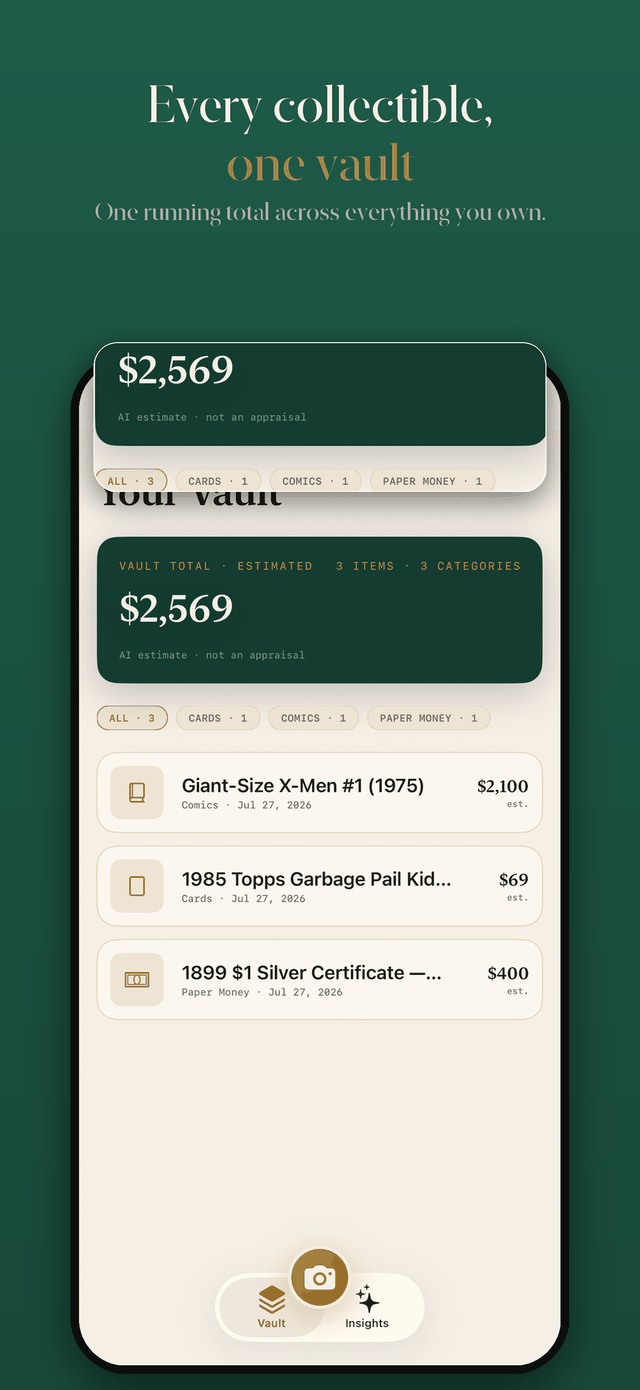 Provenance — every collectible in one vault with a running total across everything you own
