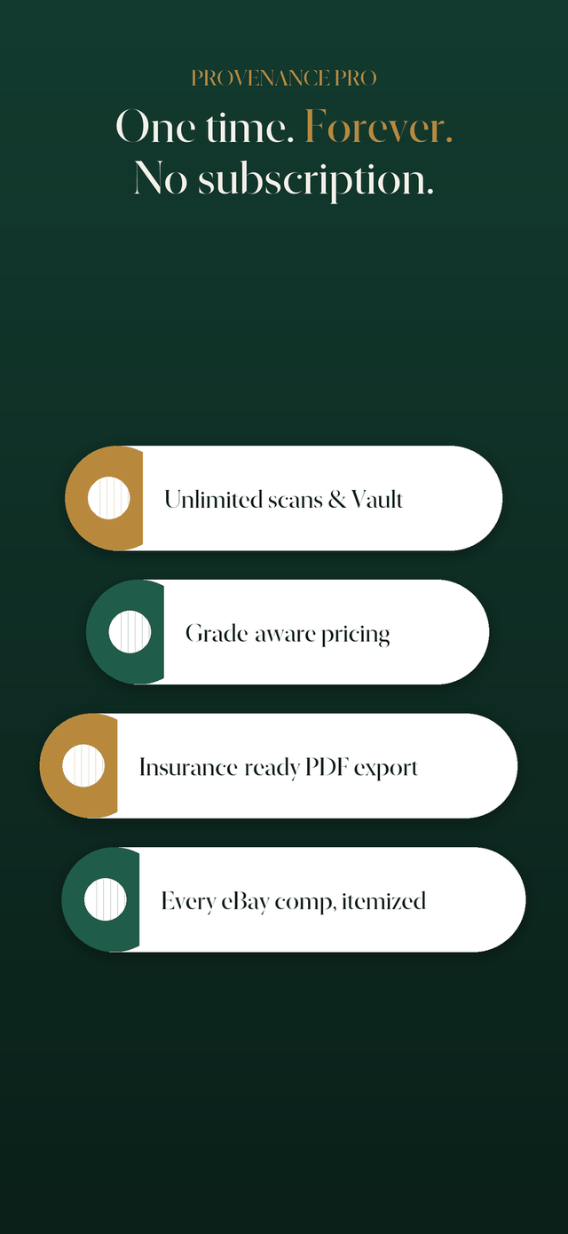 Provenance — Pro is a one-time unlock: unlimited scans, grade-aware pricing, and PDF export