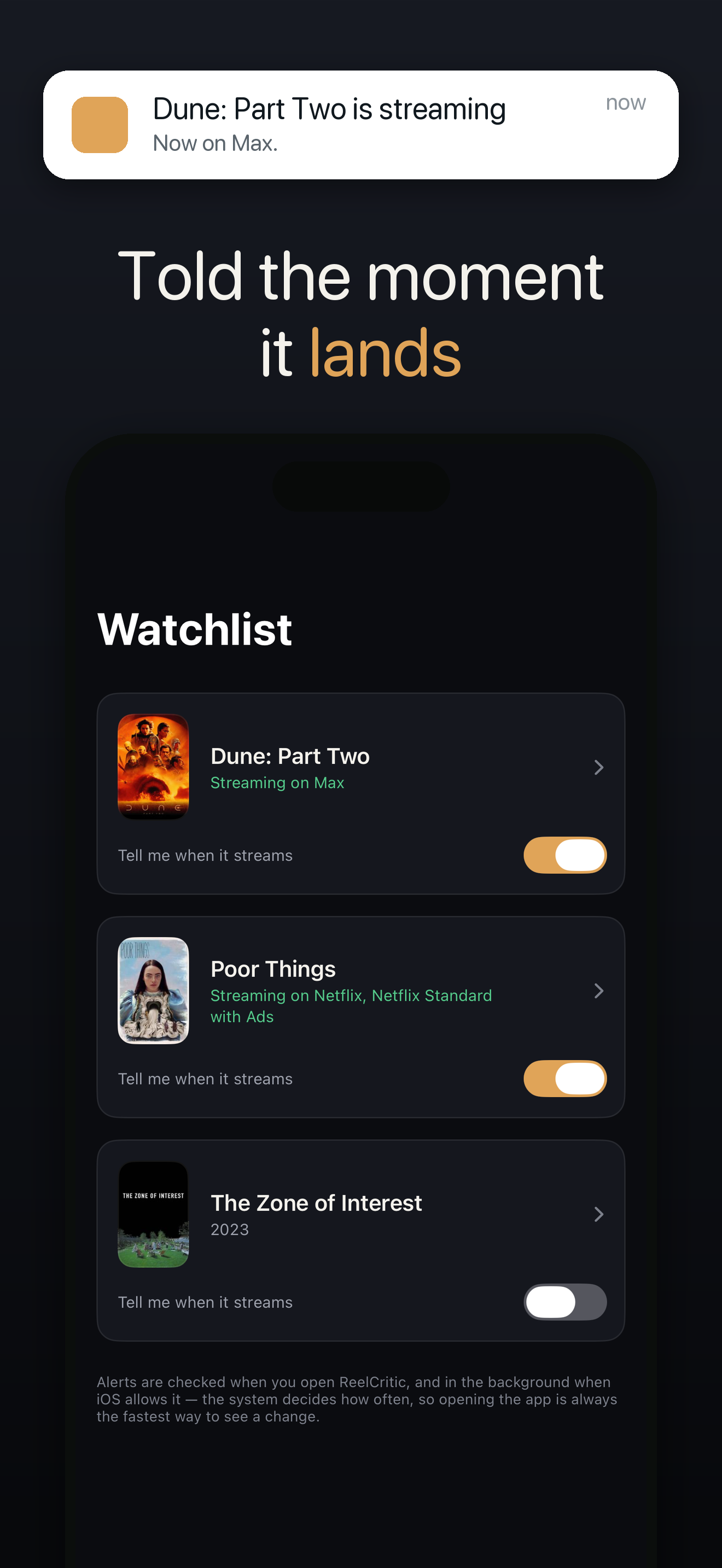 ReelCritic — told the moment a watchlist title starts streaming