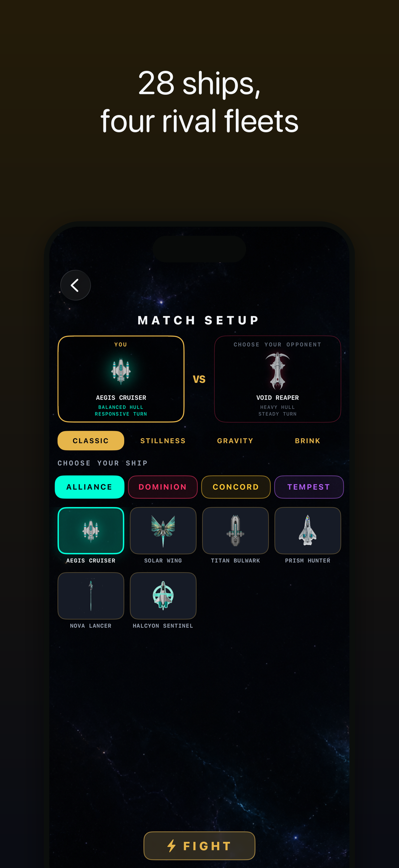 Stellar Melee — one-screen match setup across four fleets